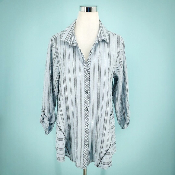 Habitat Size Large L Blue Gray Black Stripe Collared Button Artsty Tunic Top - Picture 1 of 6